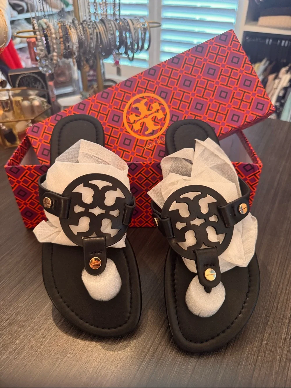 Brand New-never own-full details Tory Burch Black Leather Logo Sandals